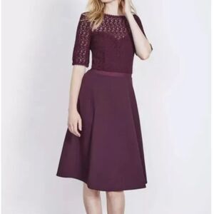 NWT BODEN Lisa Lace Fit & Flare Ponte Knit Mini Dress Size 8P Purple Plum